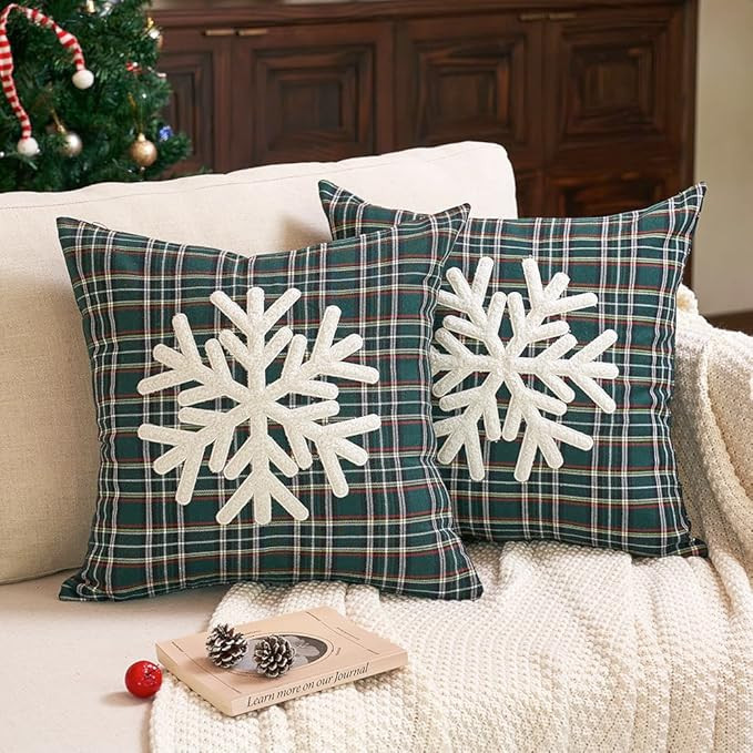 JOJOGOGO 18x18 Green Christmas Tartan Plaid Pillow Covers Set of 2, 18 x 18 Embroidered White Sno... | Amazon (US)