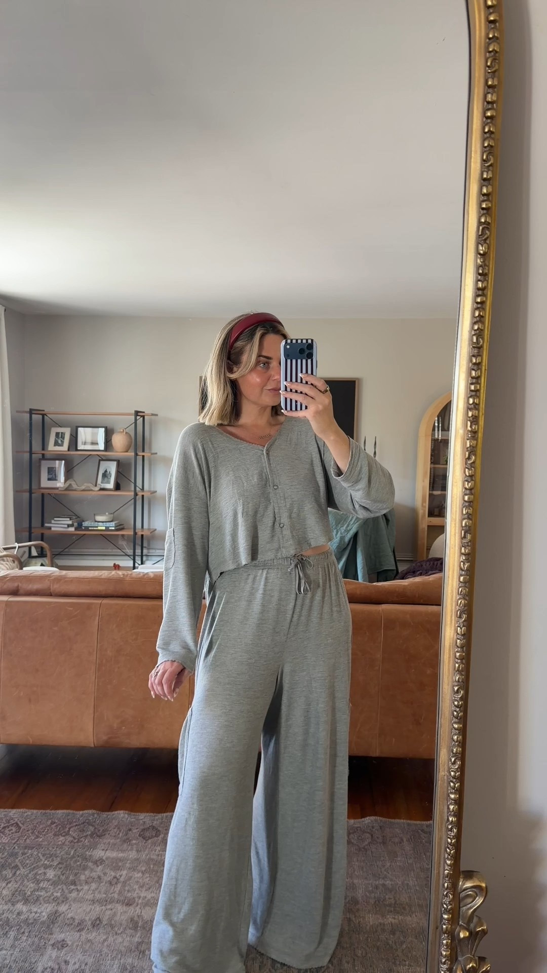 Wearing a size medium in the softest lounge set!! 