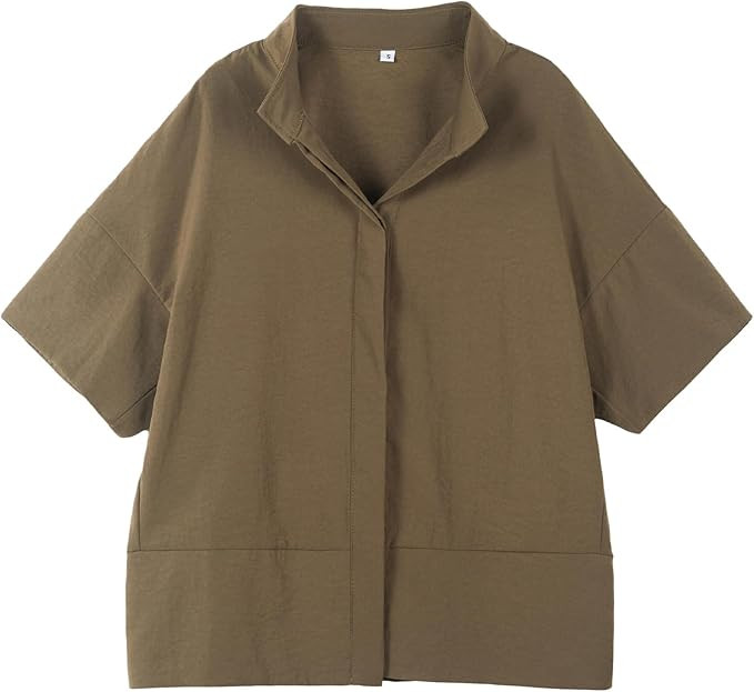 Ainangua Women Casual Button Down Shirts Oversized Short Sleeve Stand Collar Tops Trendy Work Blo... | Amazon (US)
