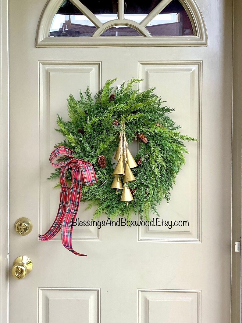 Bells Christmas Pine Door Wreath, Wreath with Bells, Traditional Christmas Wreath, Christmas Gift | Etsy (US)