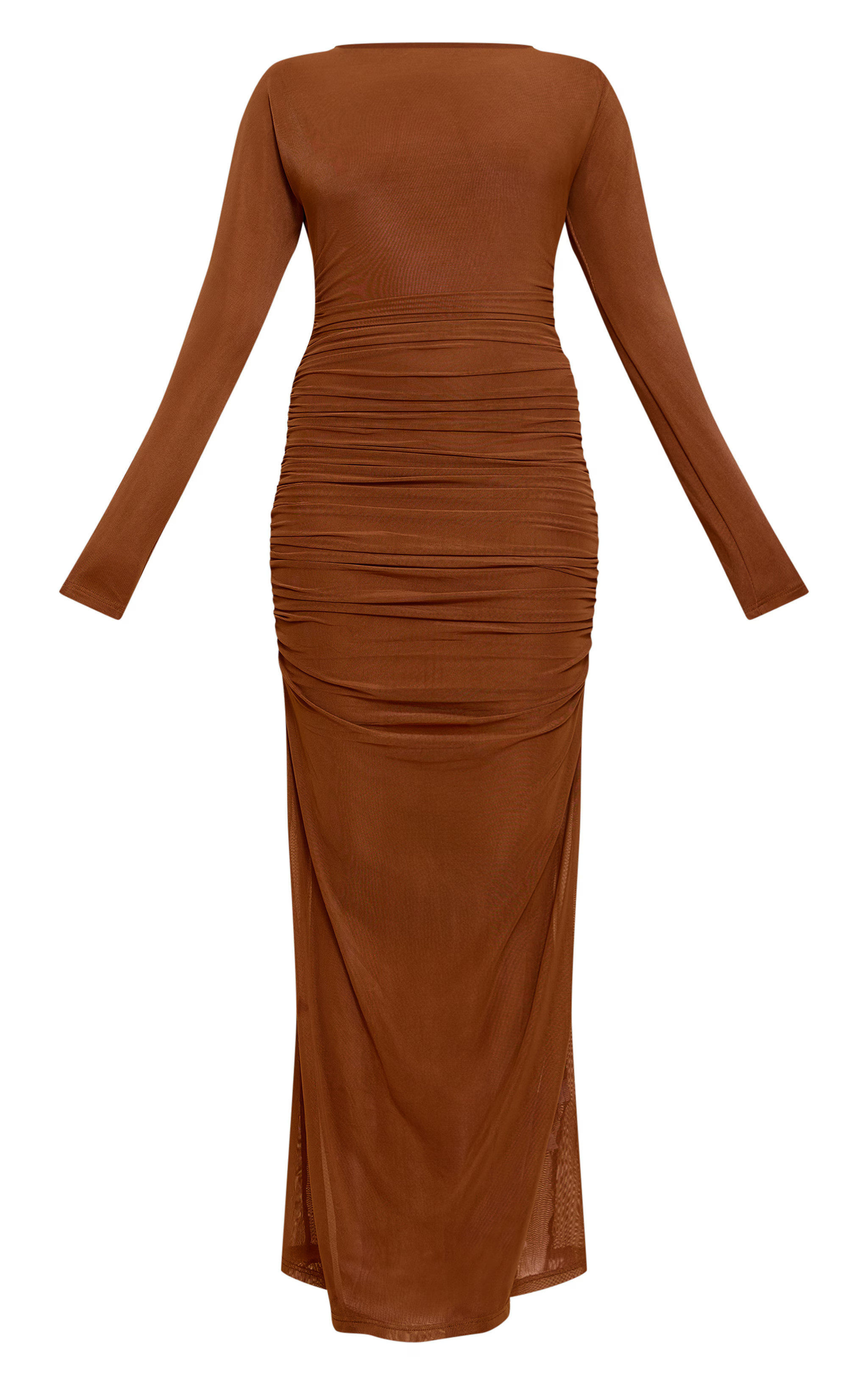 Chocolate Ruched Long Sleeve Maxi Dress | PrettyLittleThing UK