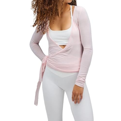 Usweetie Women’s Wrap Top Long Sleeve Tie Front Workout Ballet Pilates Yoga Shirt Pink L | Amazon (US)