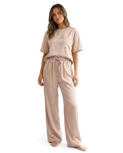 Zylioo Satin Loungewear Set for Tall Women 5'8"+ Lightweight Silky Pajamas with Elegant Relaxed Drape Champagne at Amazon Women\u2019s Clothing store | Amazon (US)