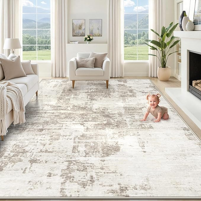 8x10 Area Rugs for Living Room, Washable Modern Abstract Large Area Rug Neutral Soft Non Slip Kid... | Amazon (US)