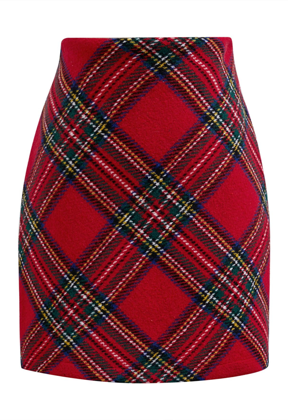 Red Tartan Wool-Blend Mini Bud Skirt | Chicwish