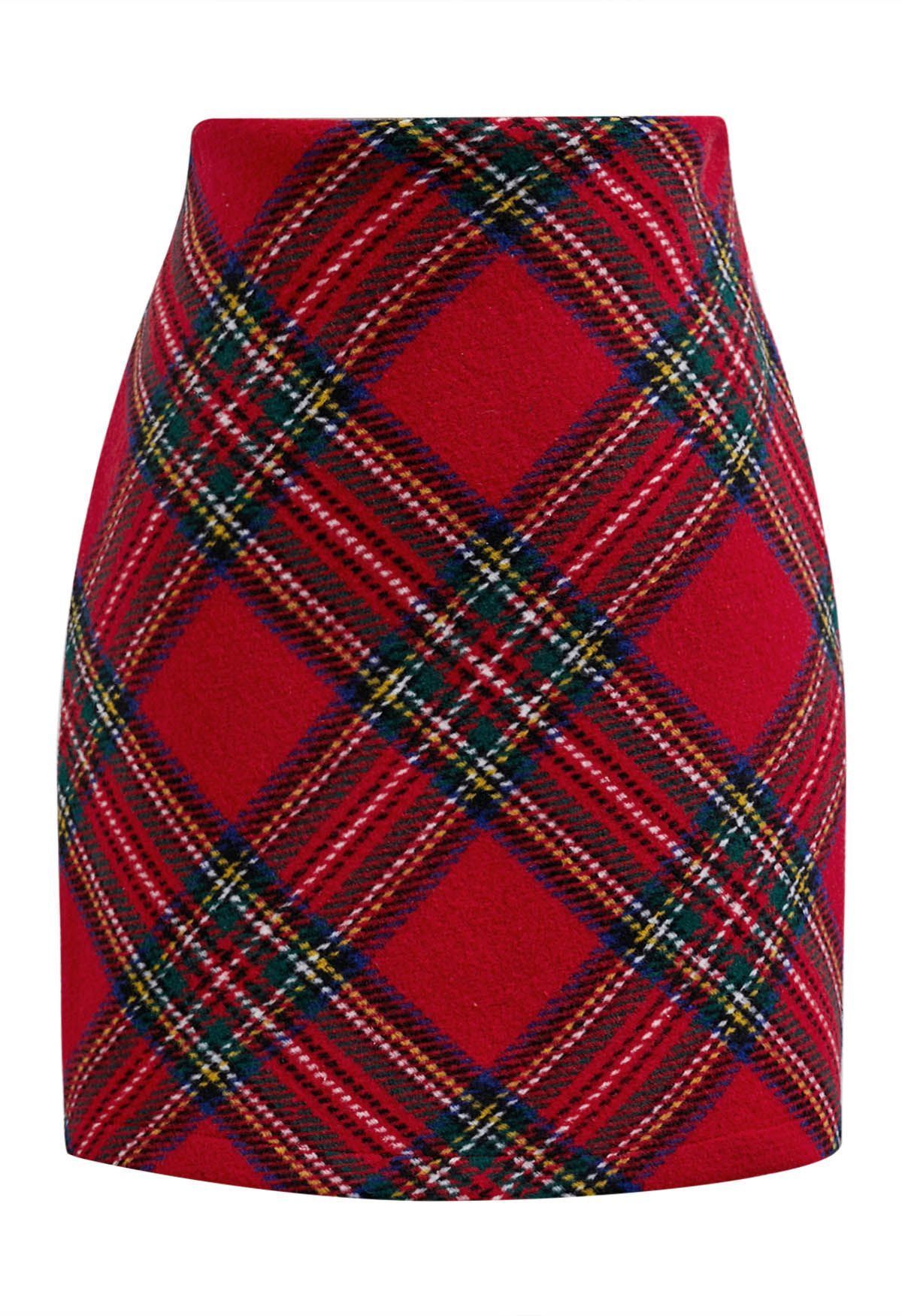 Red Tartan Wool-Blend Mini Bud Skirt | Chicwish