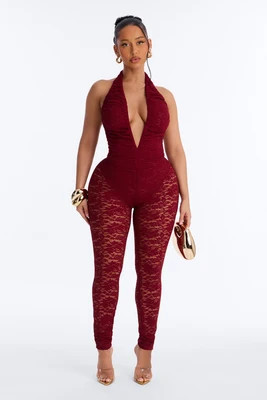 Fashion Nova Lace Seduction Plunge Backless Jumpsuite - Wine - L | Shop.com