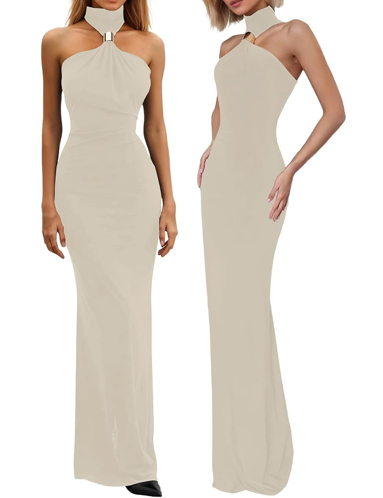 Women’s Party Maxi Dress Metal Knots Off Shoulder Turtleneck Sleeveless Night Club Evening Body... | Amazon (US)