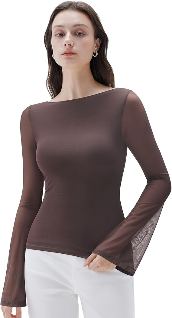 SUUKSESS Women Mesh Sheer Bell Sleeve Tops Double Lined Boat Neck Going Out Shirts | Amazon (US)