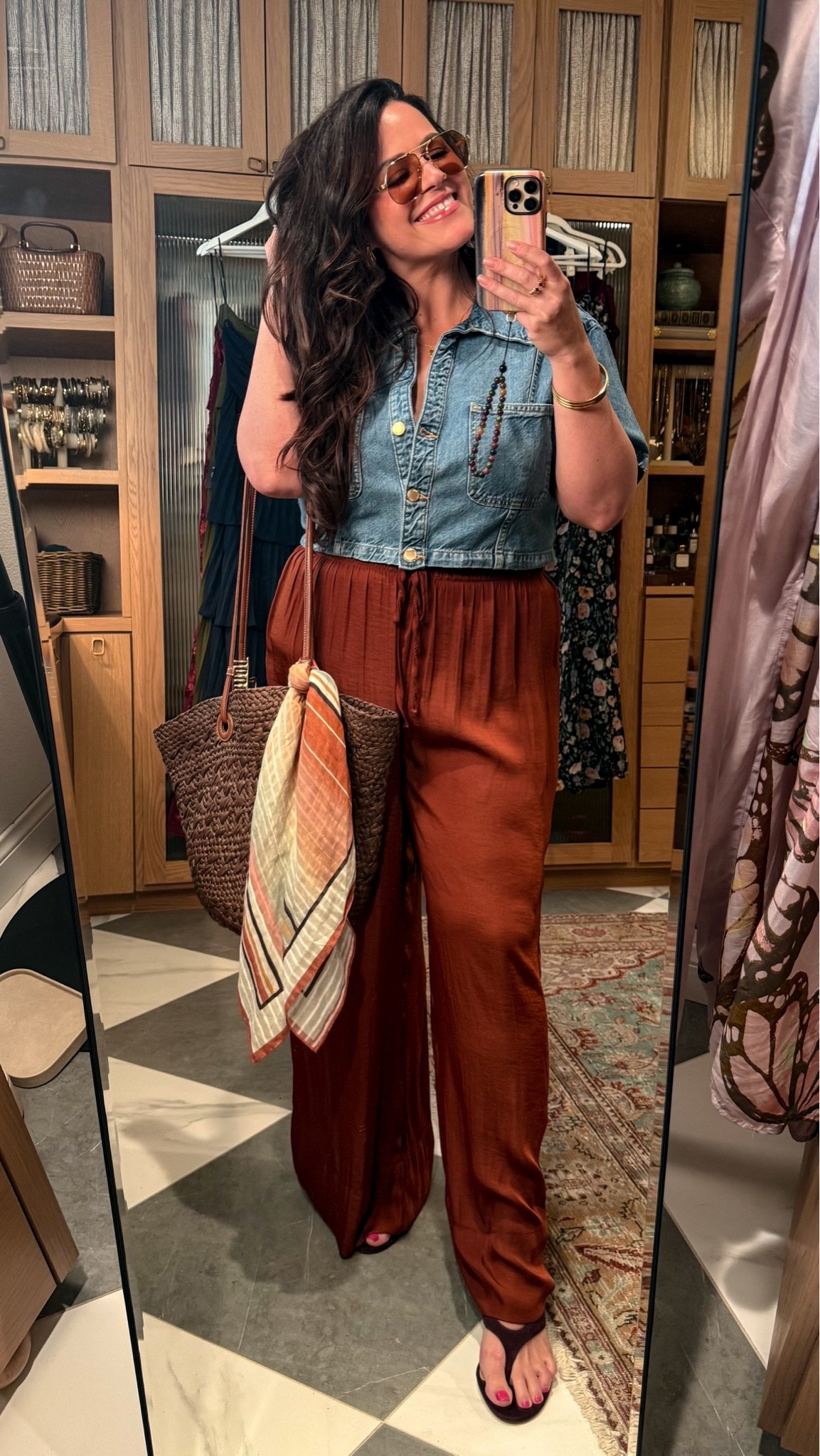 midsize casual outfit for the movies. 

•denim cropped tee i’ve worn so many times the past year xl. 
•satin flowy pants are an xl 
•cotton scarf 
•these kitten heel sandals are cushioned and so comfy! tts

#LTKOver40 #LTKMidsize #LTKootd
