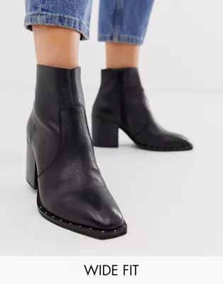 ASOS DESIGN Wide Fit Restore leather studded block heel boots in black | ASOS US