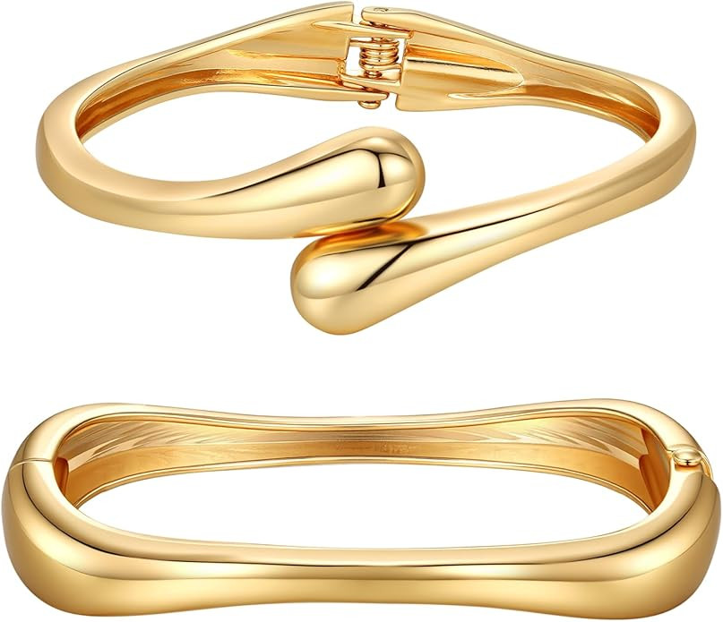 Chunky Gold Bangle Bracelets for Women Trendy 14K Gold Plated Cuff Bracelets Stack, Dainty Gold B... | Amazon (US)