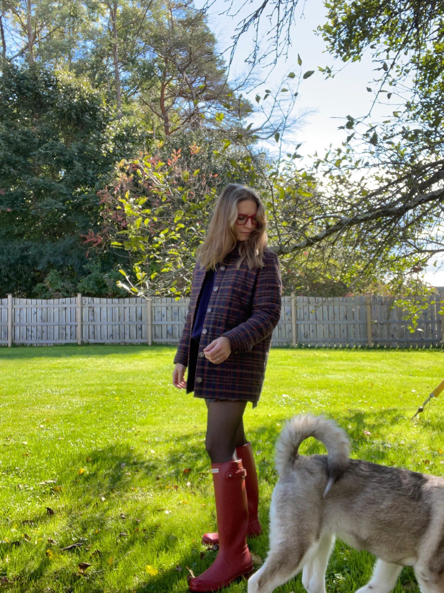 Work from Home fall outfit; everything fits true to size! 

Rain boots, red boots, red glasses, barn coat, tights, plaid coat, jacket, elevated casual

#LTKShoeCrush #LTKSeasonal