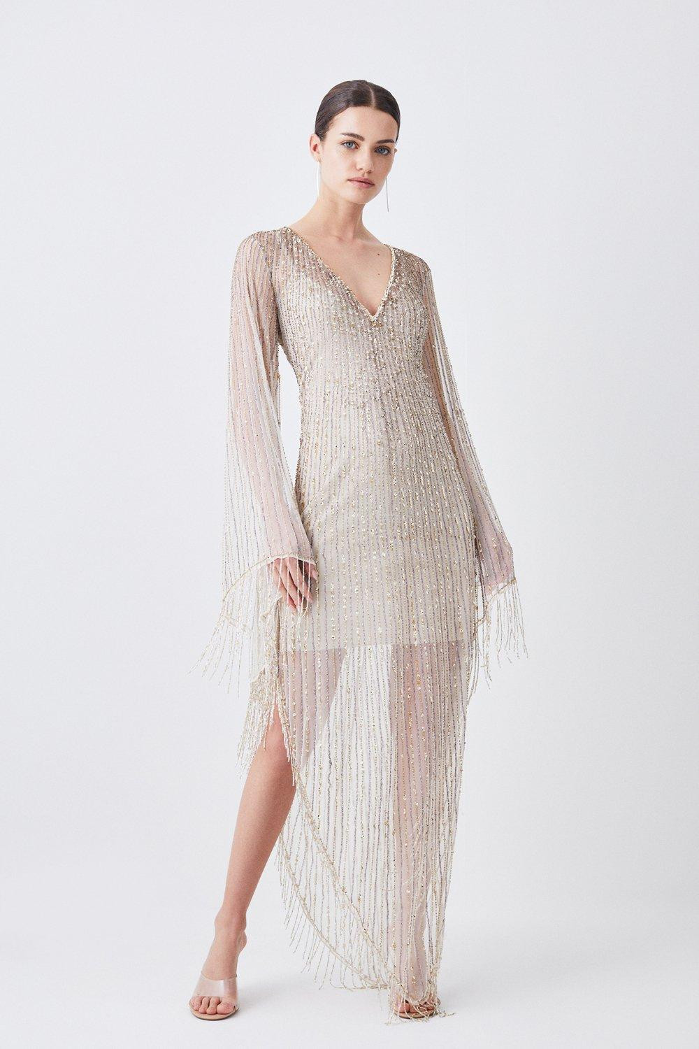 Sheer Crystal Embellished Kimono Sleeve Fringe Maxi | Karen Millen UK + IE + DE + NL