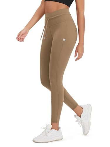 ODODOS Women's Drawstring Tie Daily Leggings 25" Inseam 7/8 Length High Waist Workout Yoga Pants, Light Brown, Large | Amazon (US)