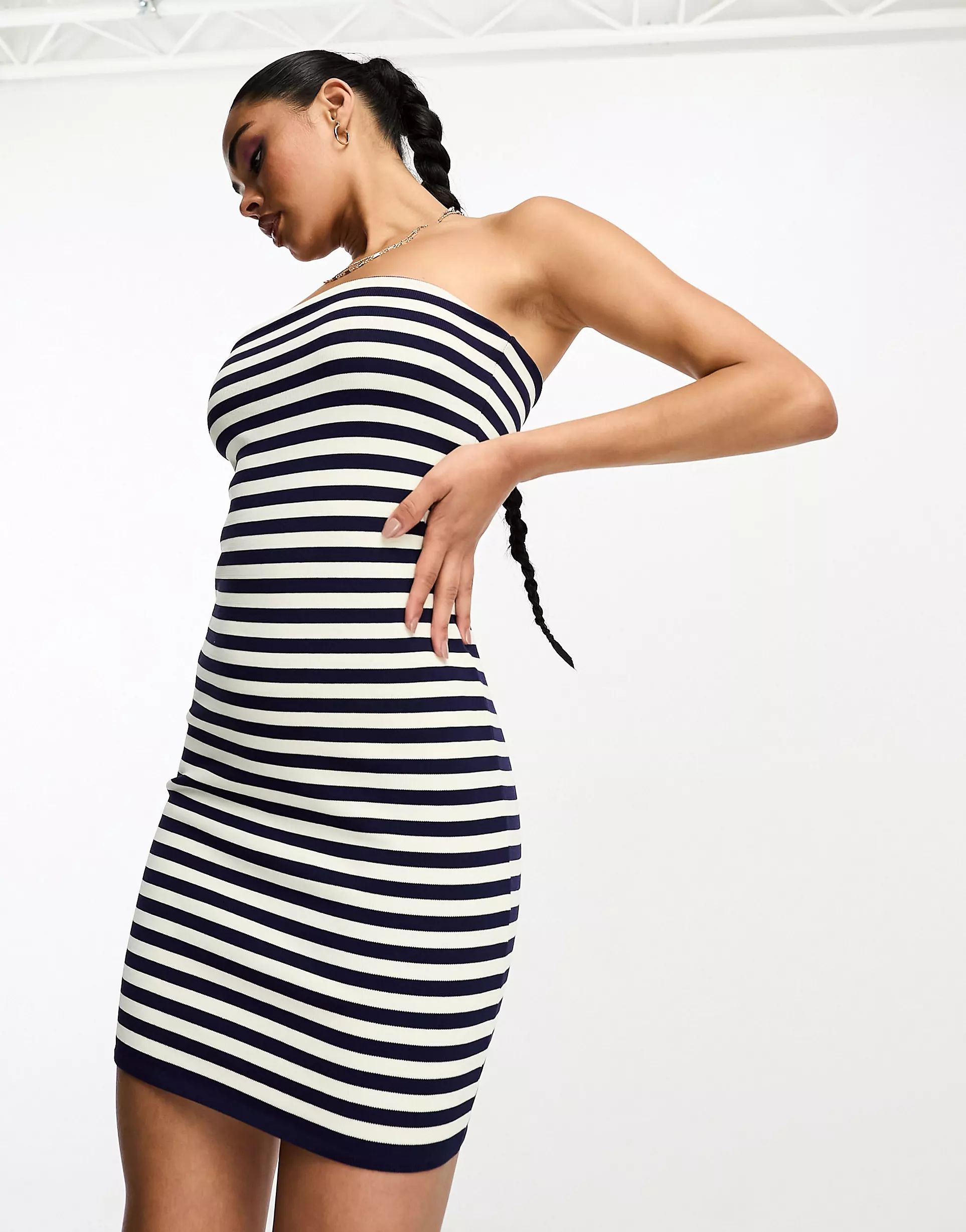 ASOS DESIGN knitted bandeau mini dress in stripe in navy and cream | ASOS | ASOS (Global)