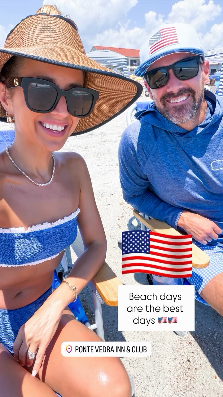 Beach days are the best days 🇺🇸🇺🇸 love this ruffled bikini - one size fits more! Can fit up to size 14. UPF 50+ packable hat. Love these Gucci sunglasses. Amazon tennis necklace. Beach vacation. Summer outfit. 4th of July outfit.

#LTKootd #LTKSwim #LTKTravel