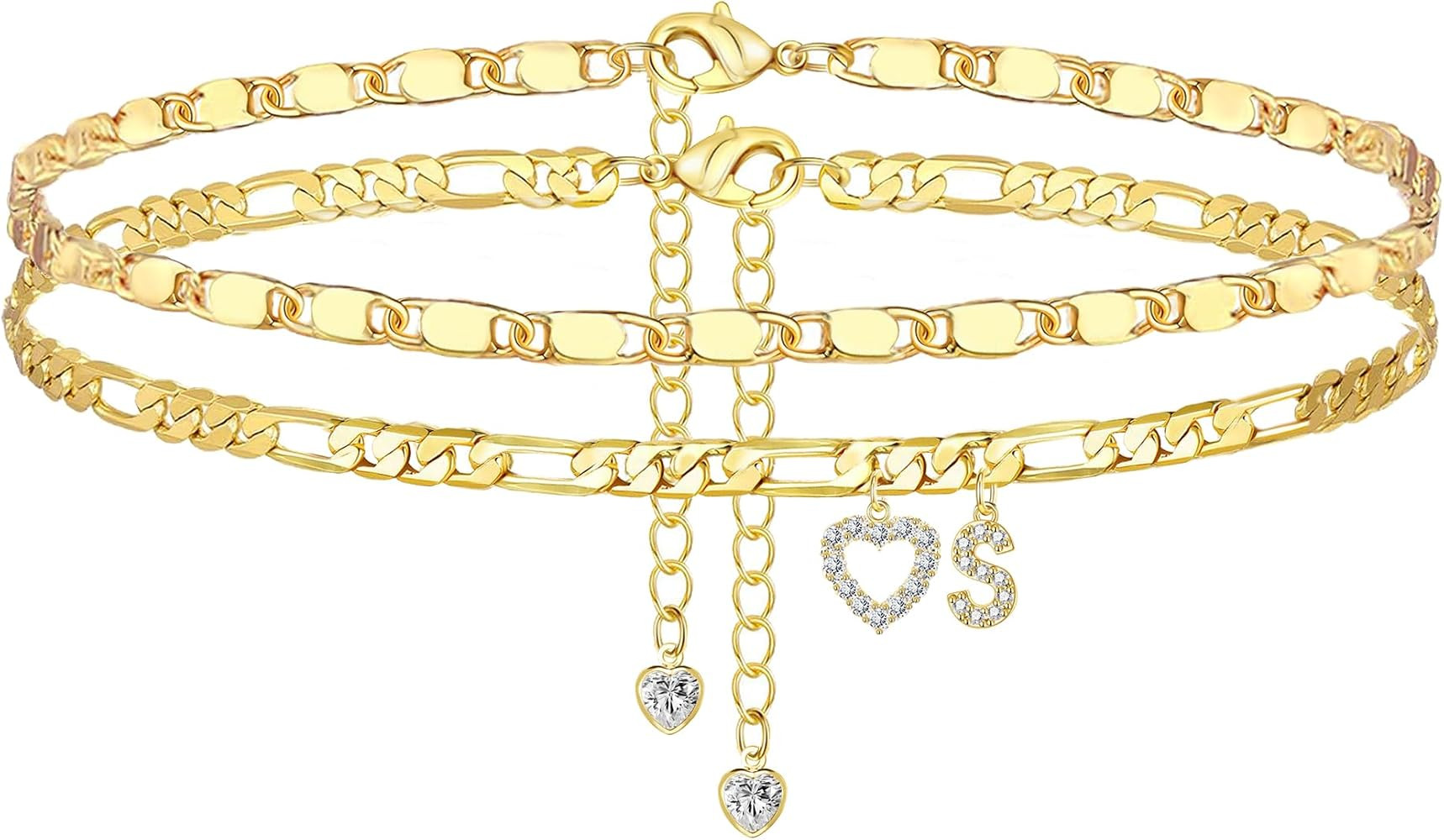 Ankle Bracelets for Women,14K Gold Plated Initial Anklets Dainty Heart Letter Ankle Bracelets Lay... | Amazon (US)