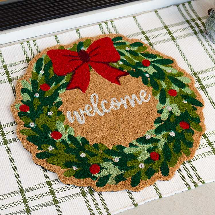 Welcome Christmas Wreath Shaped Coir Doormat | Kirklands Home | Kirklands