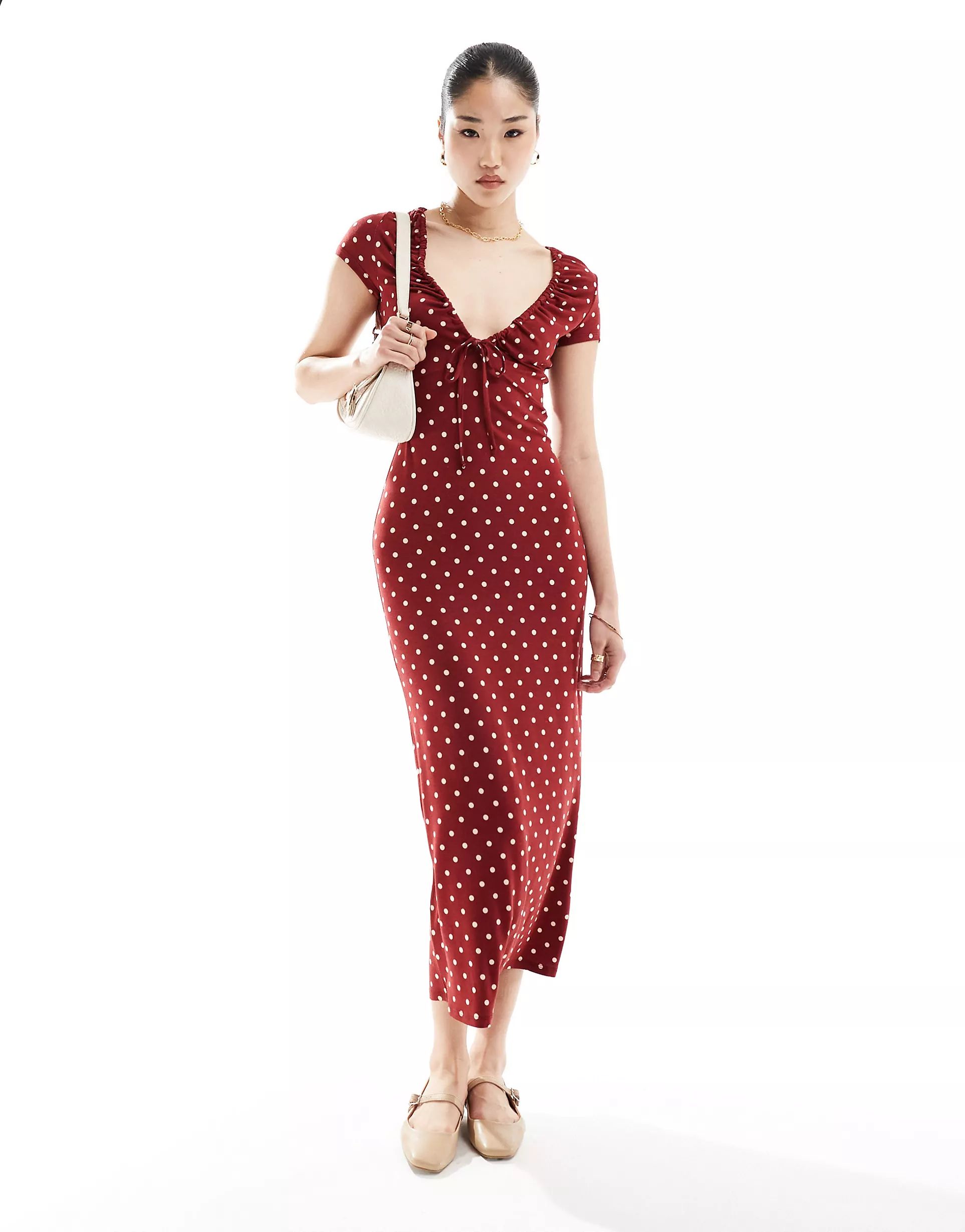 ASOS DESIGN - Nette midi jurk met kapmouwtjes en gestrikte voorkant in bordeauxrood met stippen |... | ASOS (Global)