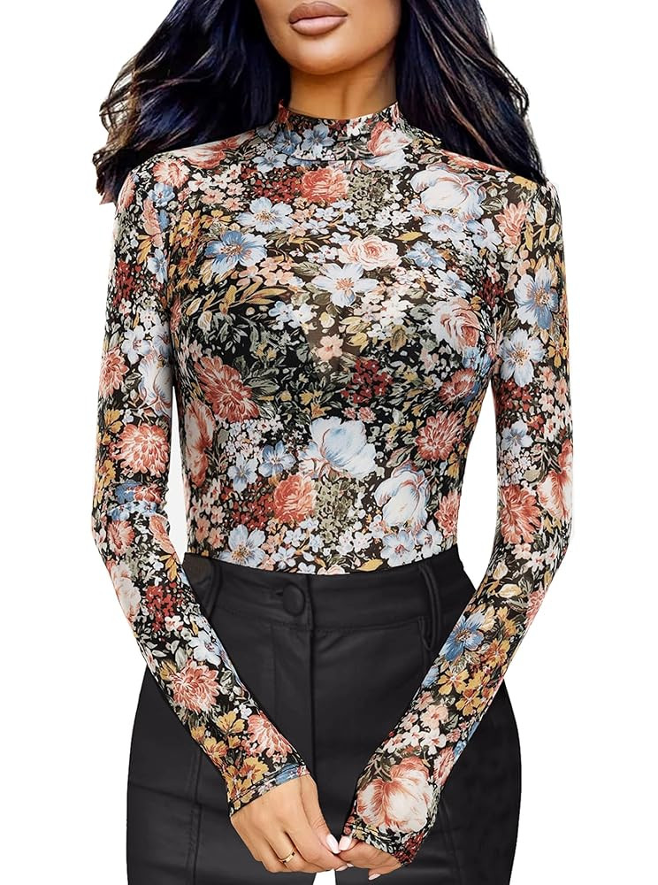 Floral Mesh Long Sleeve Tops for Women Mock Neck See Through Fitted Sexy Going Out Top | Amazon (US)