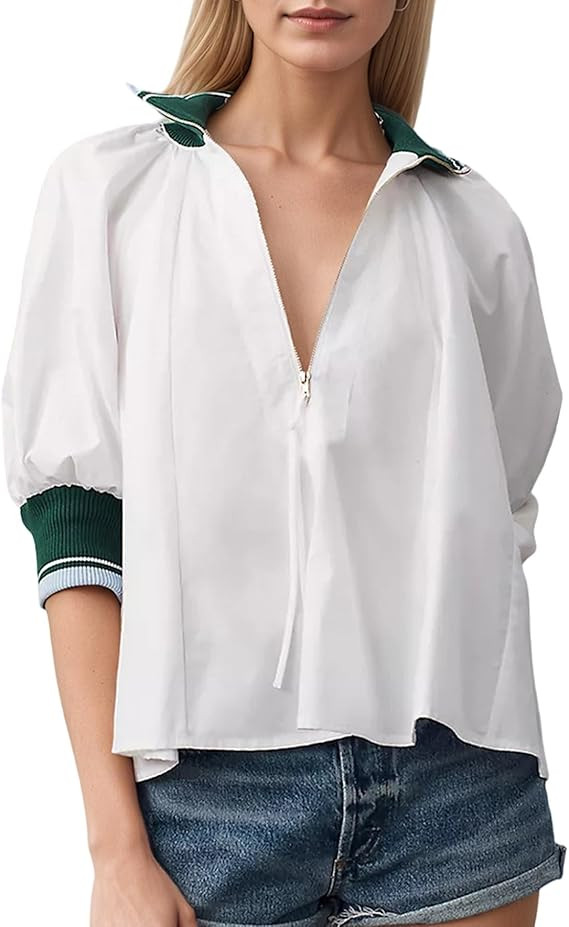 Women Sporty Henley Swing Top Puff Sleeve Half Zip Blouse Casual Loose fit Flowy Shirt Tunic | Amazon (US)