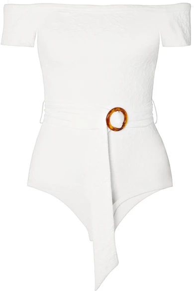 Peony - Off-the-shoulder Belted Jacquard-knit Swimsuit - White | NET-A-PORTER (US)