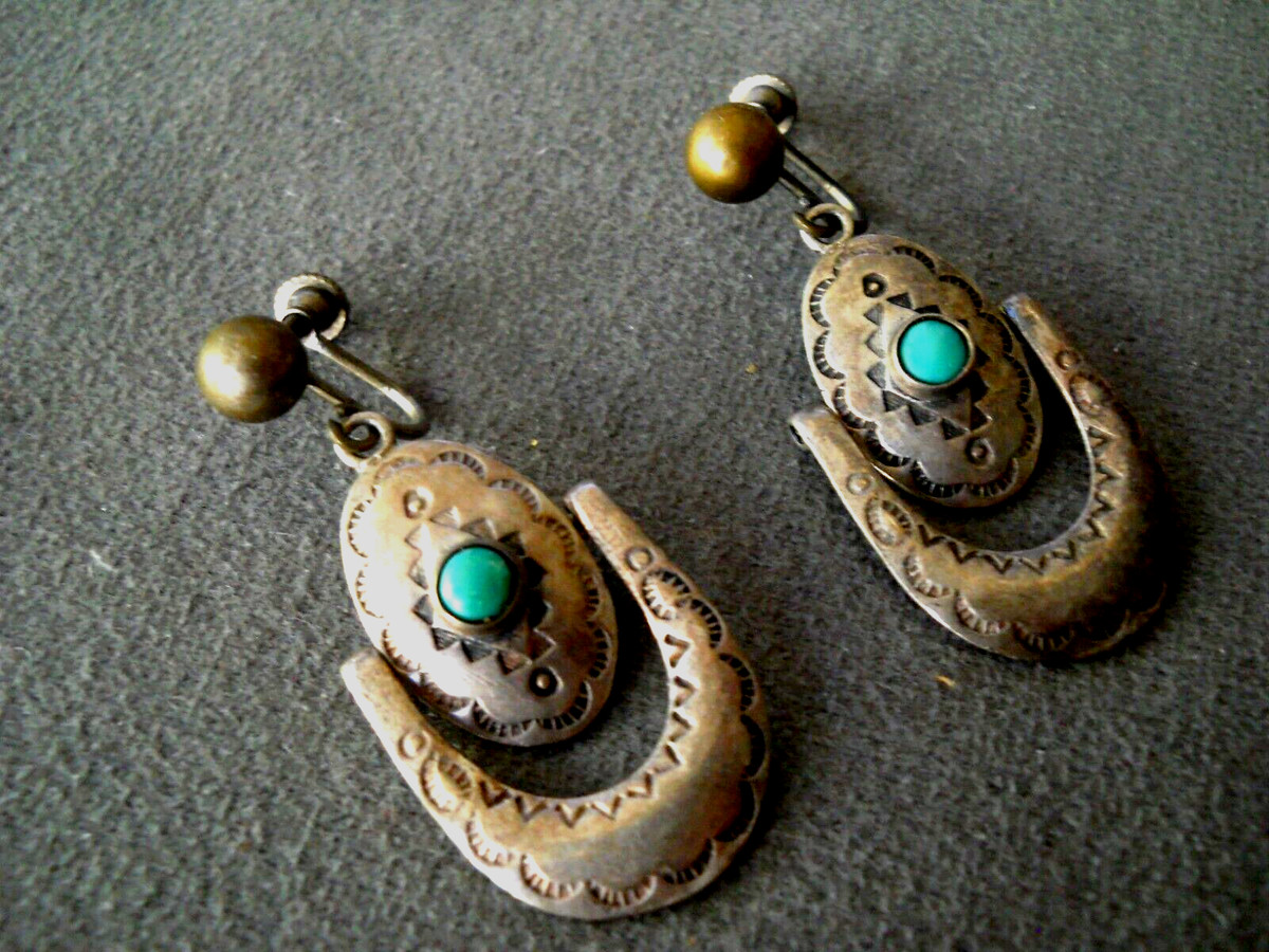 Old Native American Navajo Turquoise Sterling Silver Stamped Screw Back Earrings | eBay US