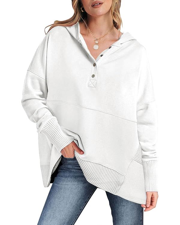 ANRABESS Women Casual Button V Neck Hoodies Oversized Pullover Sweatshirt Hooded Sweater Tops wit... | Amazon (US)