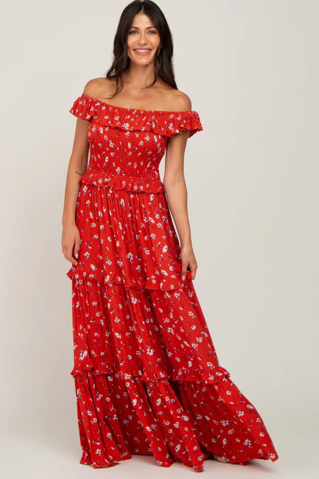 Red Floral Off Shoulder Ruffle Tiered Dress | PinkBlush Maternity