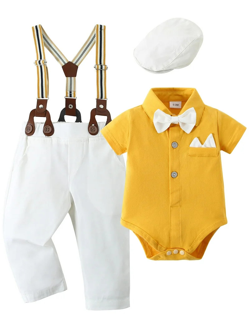 CARETOO Baby Boy Clothes Suit Gentleman Short Sleeve Romper Suspender Pants Bowtie Hat Outfit 0-2... | Walmart (US)
