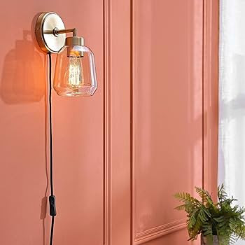 Globe Electric 51715 1-Light Plug-in or Hardwire Wall Sconce, Matte Brass, Smoked Amber Glass Sha... | Amazon (US)