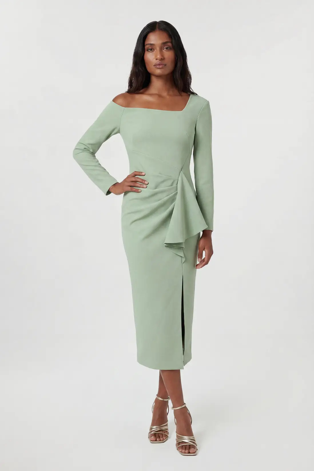 Petite Compact Stretch Asymmetric Neckline Draped Midi Dress | Karen Millen