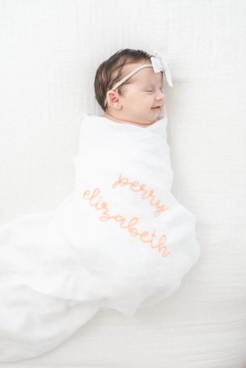 White Swaddle // Hand Embroidered Baby Swaddle // Name Announcement Swaddle // Hand Stitched Name... | Etsy (US)