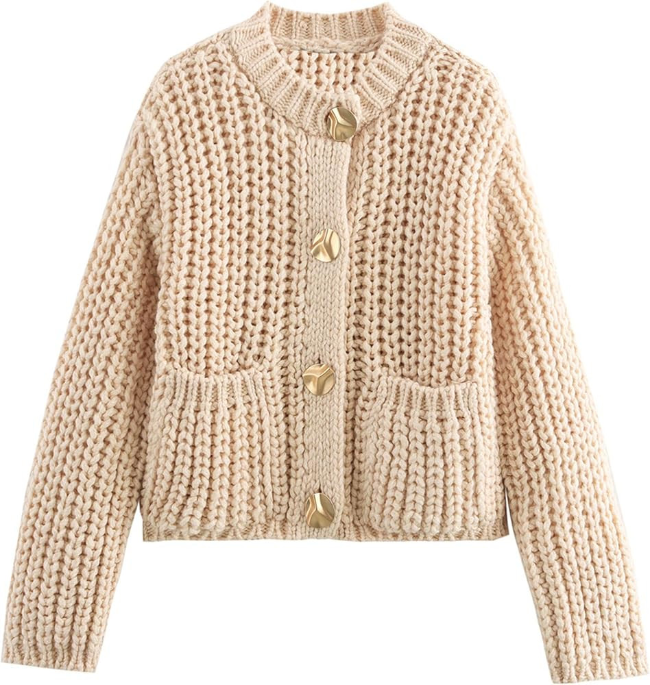 Wyeysyt Cardigan Sweaters for Women Cropped Chunky Knit Cardigan Gold Button Down Open Front Long... | Amazon (US)