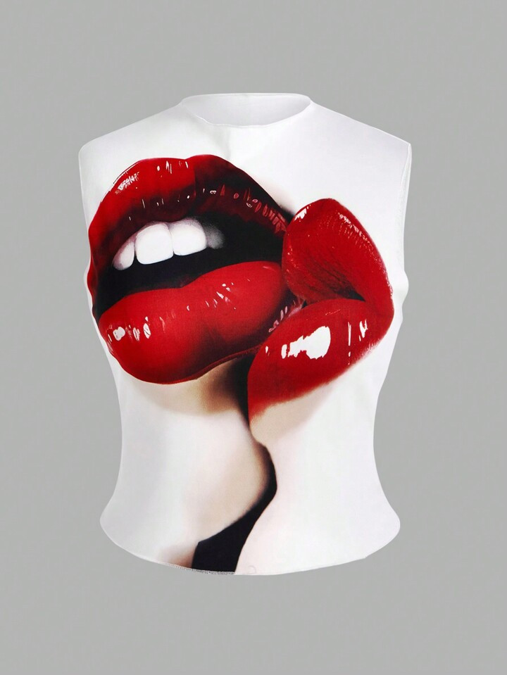 SHEIN ICON Plus Size Women's Sleeveless Tank Top With Red Lips Print | SHEIN
