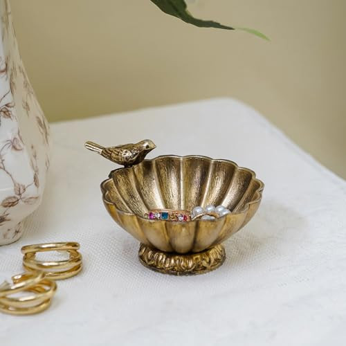 NIKKY HOME Antique Trinket Bowl Dish, Vintage Golden Metal Jewelry Tray with Bird, Ring Holder Classy Birthday Christmas Gifts | Amazon (US)