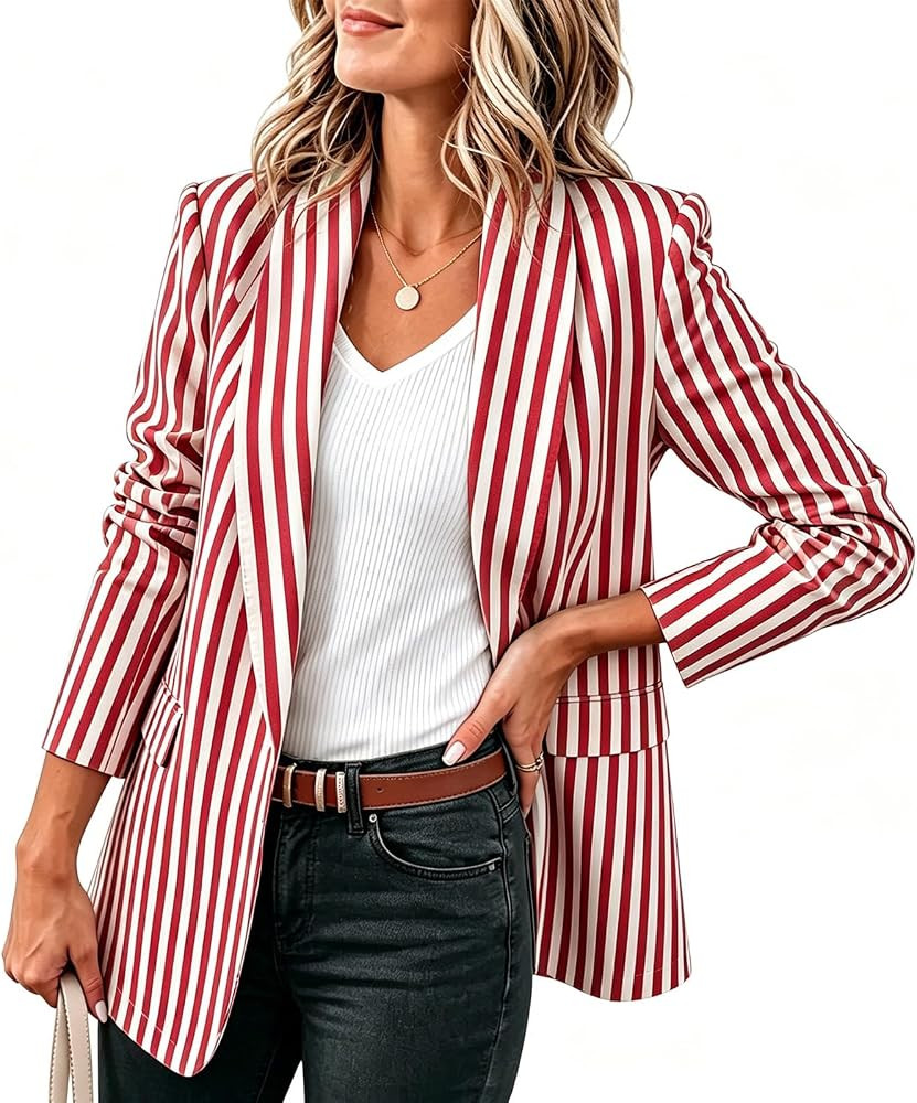 Blazers for Women Trendy Dressy Casual Work Striped Cardigan Jackets Lightweight Ruched 3/4 Sleev... | Amazon (US)