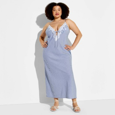 Women's Lace Trim Maxi Empire Waist Dress - Wild Fable\u2122 Blue Striped 3X | Target