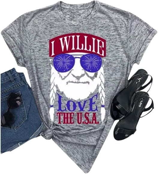 Women I Willie Love The USA & Have A Willie Nice Day Short Sleeve T-Shirts Tops | Amazon (US)