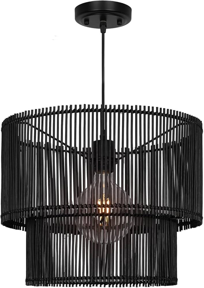 Rosient Woven Rattan Pendant Lamp, 16 Inch Large Natural Simple Hand Weaved Coastal Beach Black R... | Amazon (US)