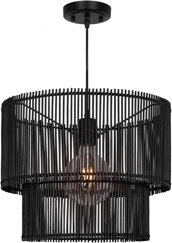 Rosient Woven Rattan Pendant Lamp, 16 Inch Large Natural Simple Hand Weaved Coastal Beach Black R... | Amazon (US)