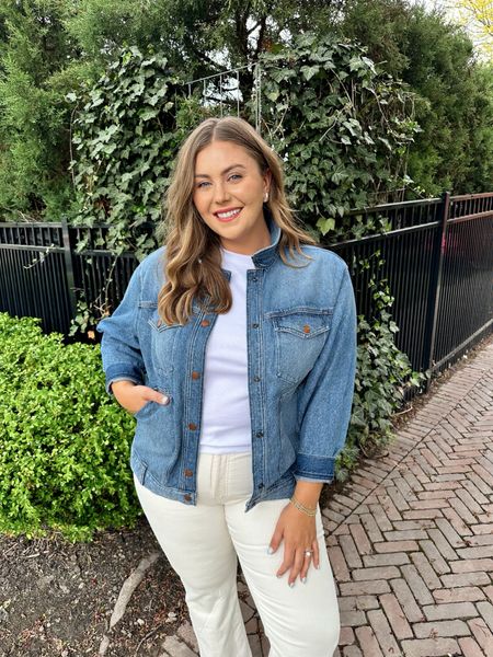 Casual summer outfit with white denim and a denim jacket. Wearing size XL in jacket and top, 33 standard in jeans. On sale for 20% off!

#LTKMidsize #LTKSaleAlert #LTKxMadewell