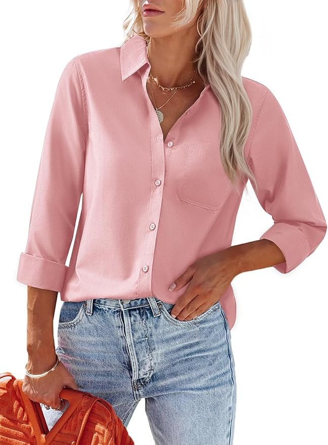 Womens Button Down Shirts Dress Shirt Collared Wrinkle Free Long Sleeve Blouse Office Tunics Tops... | Amazon (US)