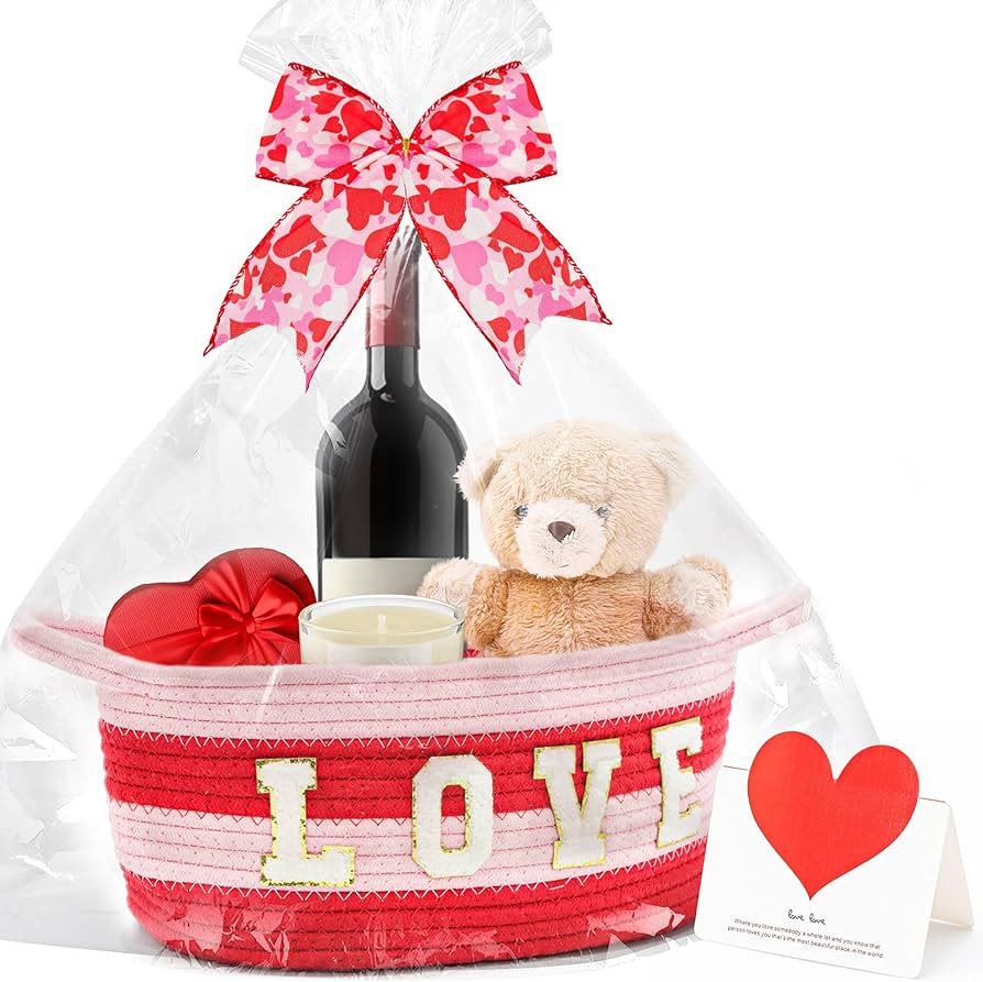 Small Woven Basket with Gift Bag Bow and Greeting Card, Basket for Gift Empty with "Love" Alphabe... | Amazon (US)