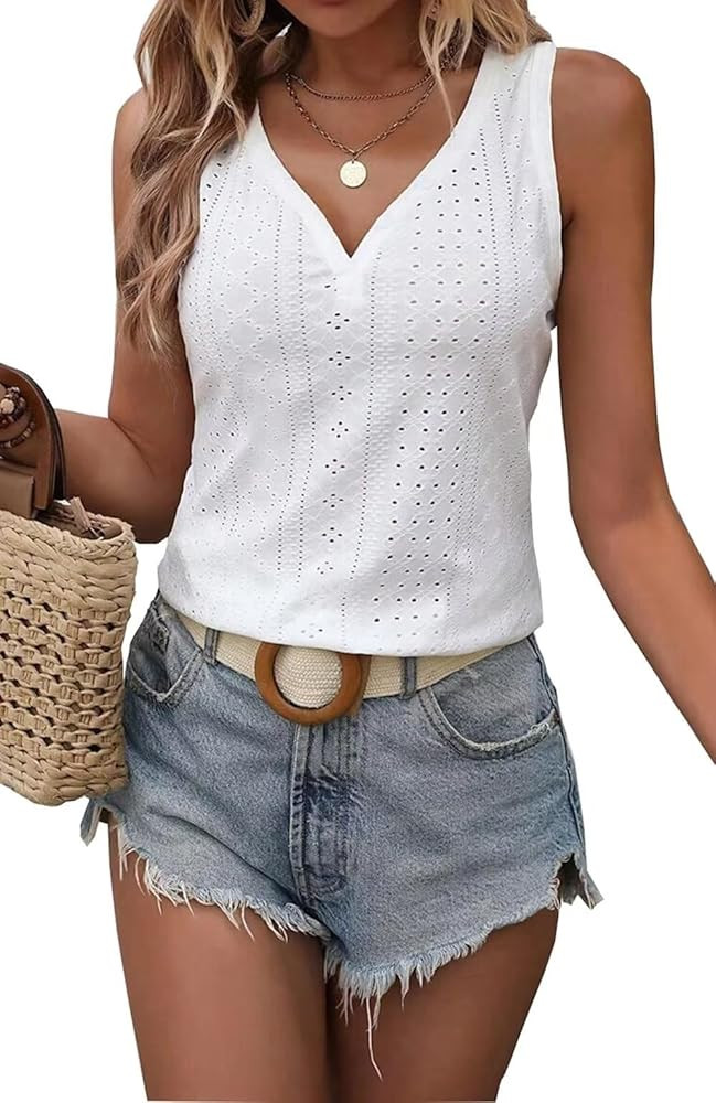 Womens Fashion Tank Tops Solid Color Hollow Tops Summer Casual Loose Flowy Shirt Tanks Vest Vacat... | Amazon (US)