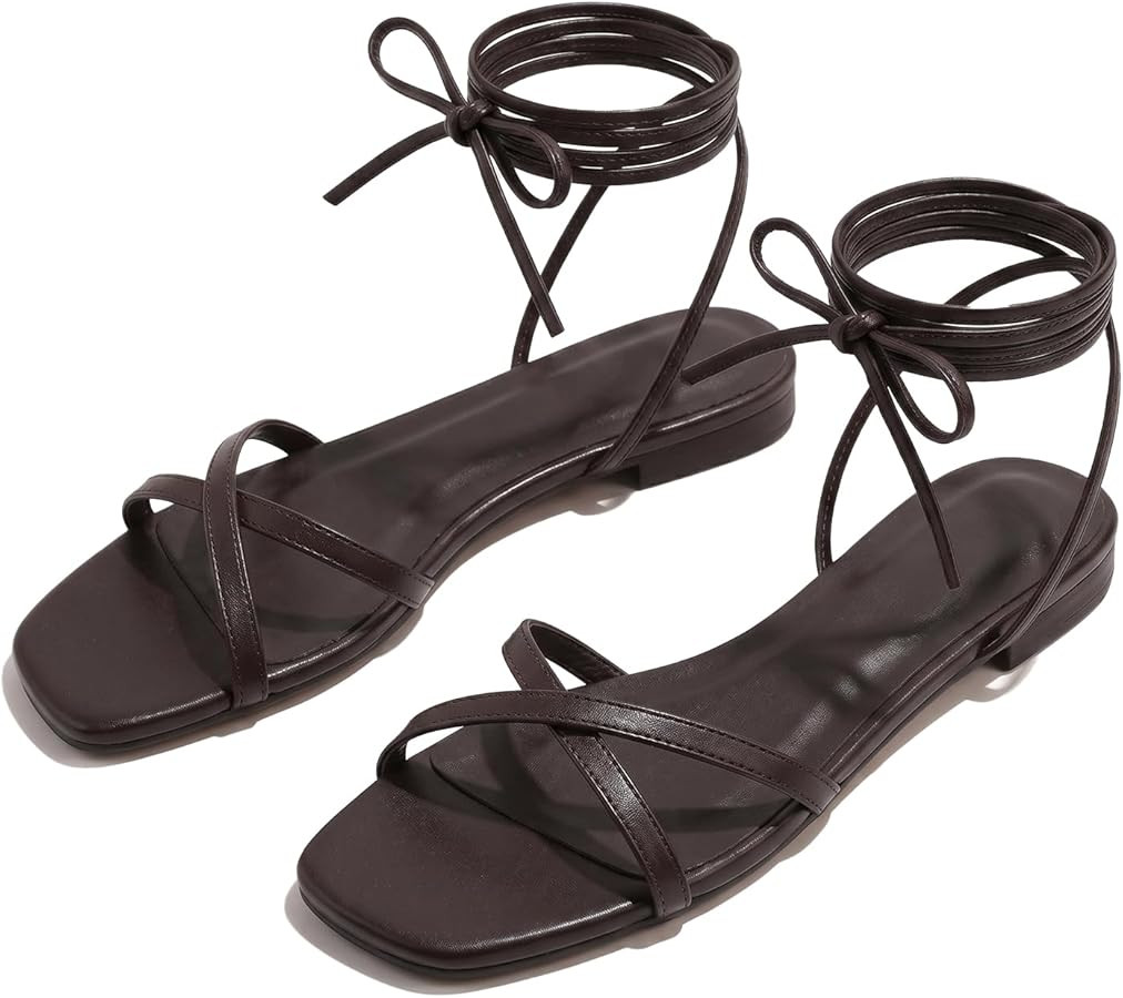 Strappy Flats Sandals for Women Comfortable Square Toe Lace Up Slides Beach Gladiator Wrap Sandal... | Amazon (US)