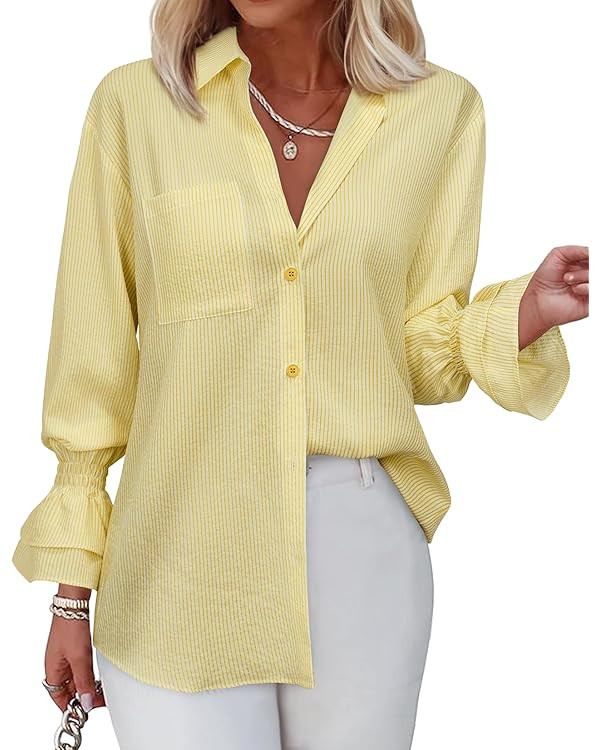 Women's Striped Button Down Shirt Smocked Cuffed Boyfriend Blouse Ruffle Sleeve Casual Tunic Tops... | Amazon (US)