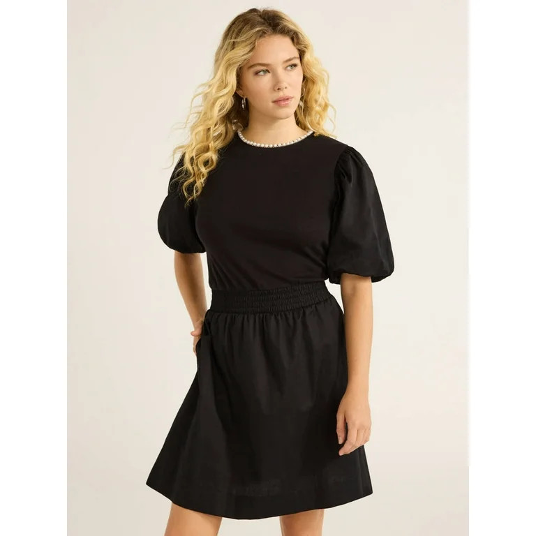 Free Assembly Women's Cotton Mixy Mini Dress with Beads and Puff Sleeves, Size XS-4X | Walmart (US)