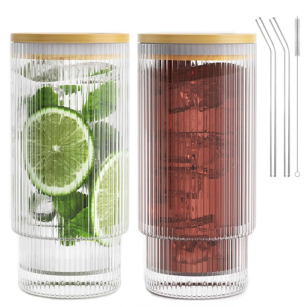 16OZ Ribbed Glass Cups with Lids and Straws,Iced Coffee Cups with Bamboo Lid,Vintage Glassware fo... | Amazon (US)